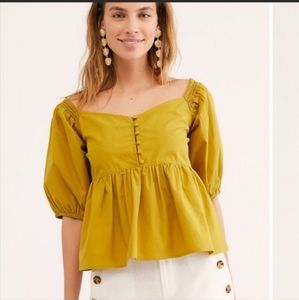 Free people mustard gold green babydoll top shirt xs nwot